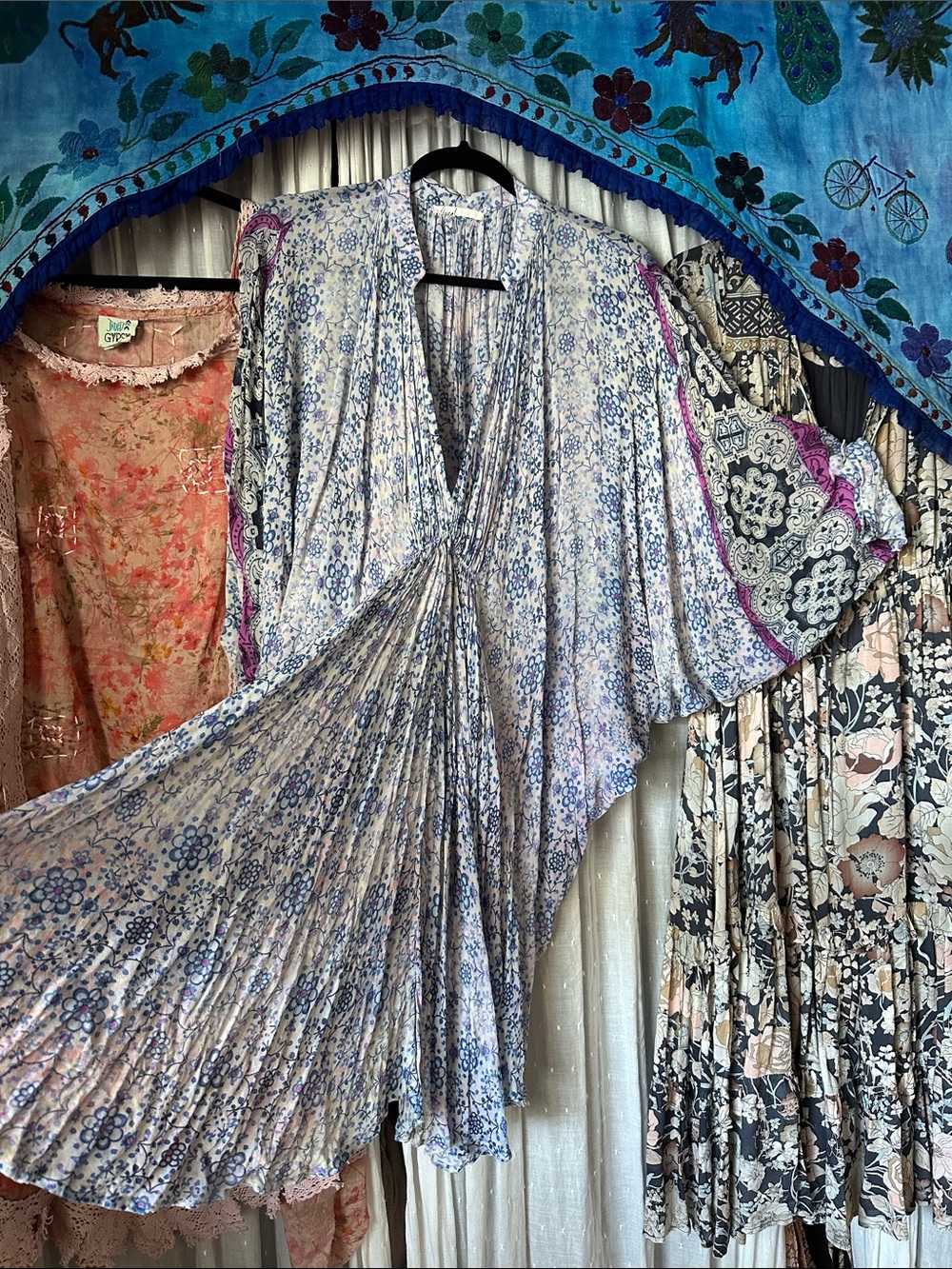 Floreat by Anthropologie Block Print Tunic Top in Blue and Pink 3/4 Sleeve Dress